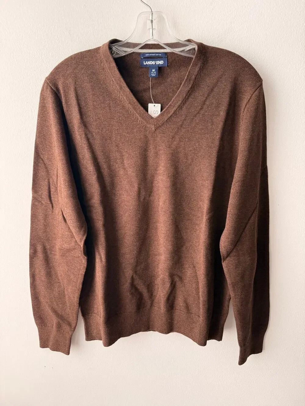 Lands End Mens Brown V-Neck Sweater Supima Cotton Retro Preppy Grunge Knit Top M